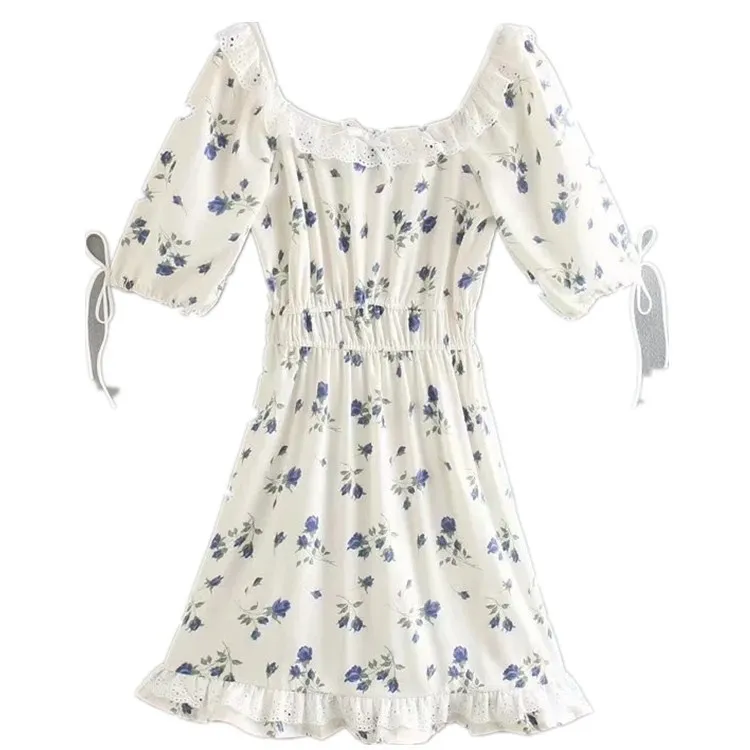 

Vintage Ruffles Floral Printed Cotton Woman Dress 2021 Summer Casual Elegant Short Sleeve Draped Mini Dress