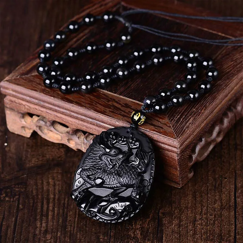 Натуральный Черный Дракон из обсидиана кулон Единорог бусы ожерелье Шарм