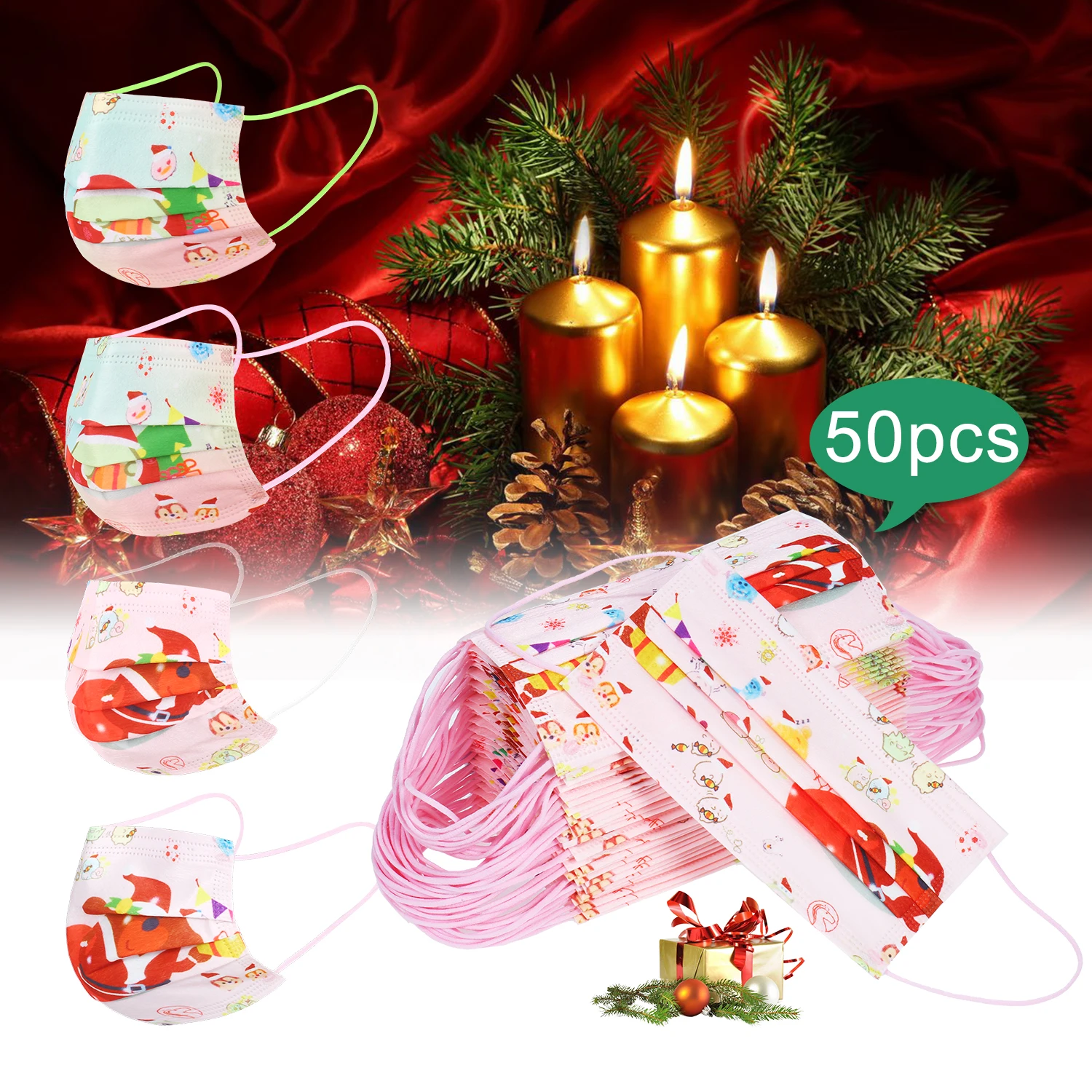 

50 шт одноразовые рождественскую тематику, раздел-для взрослых крышка 3 Слои одноразовые чехлы с зажим для носа и петли уха дышащая Санта с пр...