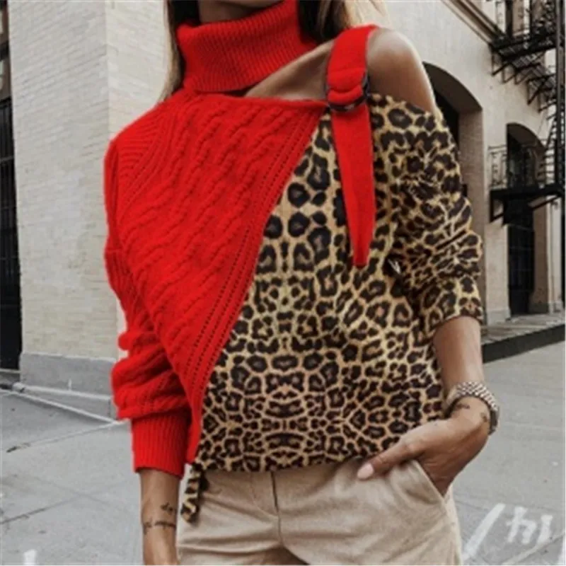 

2020 Women's Leopard Turtleneck Knit Sweaters Jumper Autumn Winter Strap One Shoulder Pullover Lady Long Sleeve Knitwear Female