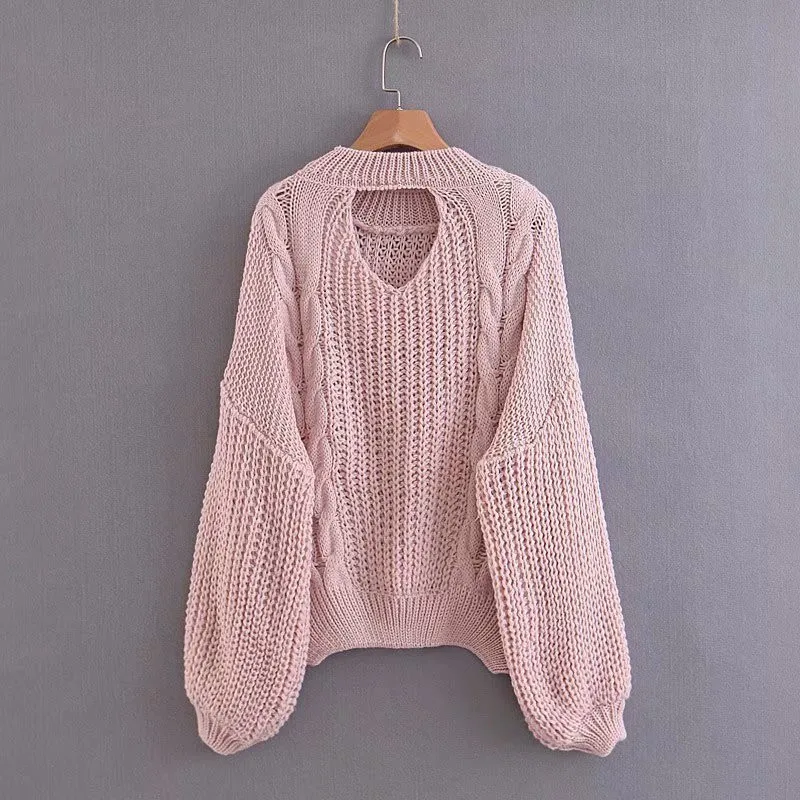 Женский вязаный пуловер повседневный джемпер с вырезами на спине длинным