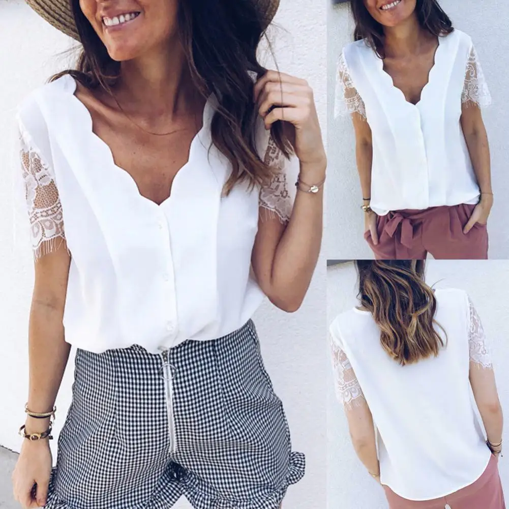 Сексуальная Женская кружевная свободная футболка с коротким рукавом и v-образным