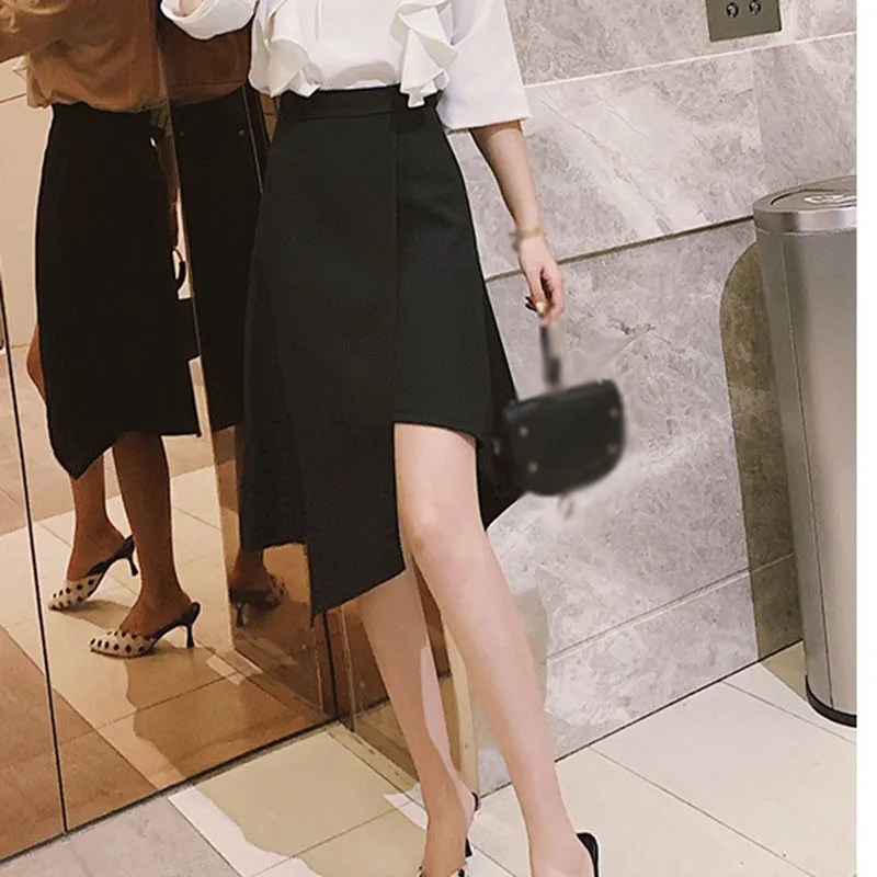 

Breathable Summer Skirt Elegant Women Fashion Slim Irregular Solid Color Black Skirt
