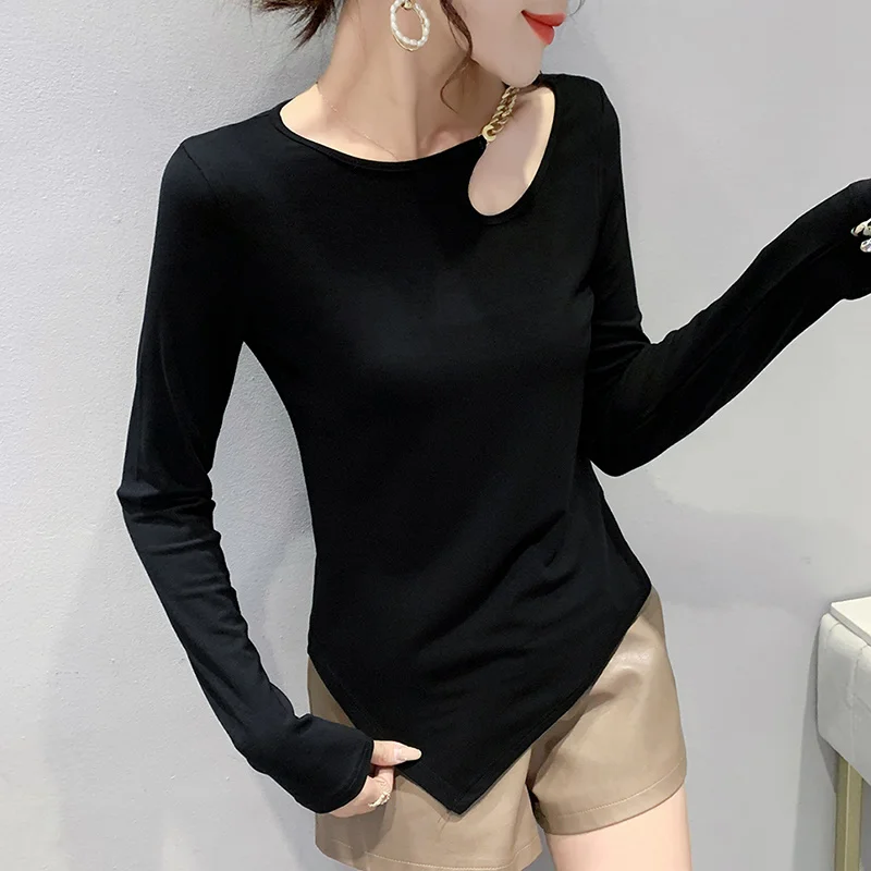 

#8941 Black White Asymmetrical T Shirt Women Hollow Out Sexy Korean Fashion Long Sleeved T Shirt Femme Skinny Cotton Women Tops