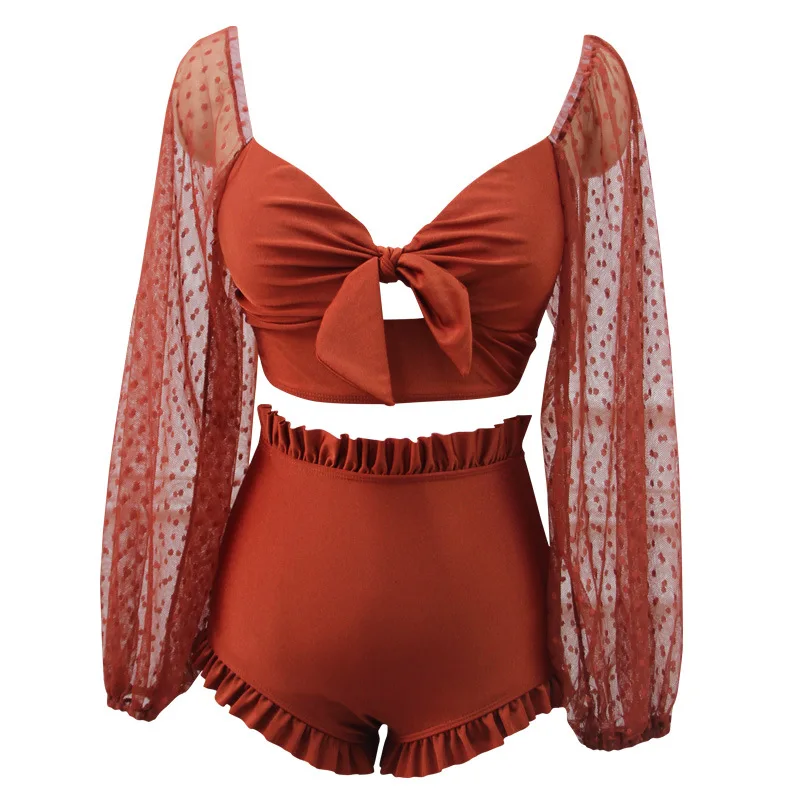 

Retro Hot Spring Lace Long Sleeve Bikini Split Swimsuit Women's Sexy High Waist Slim Backless Swimsuit