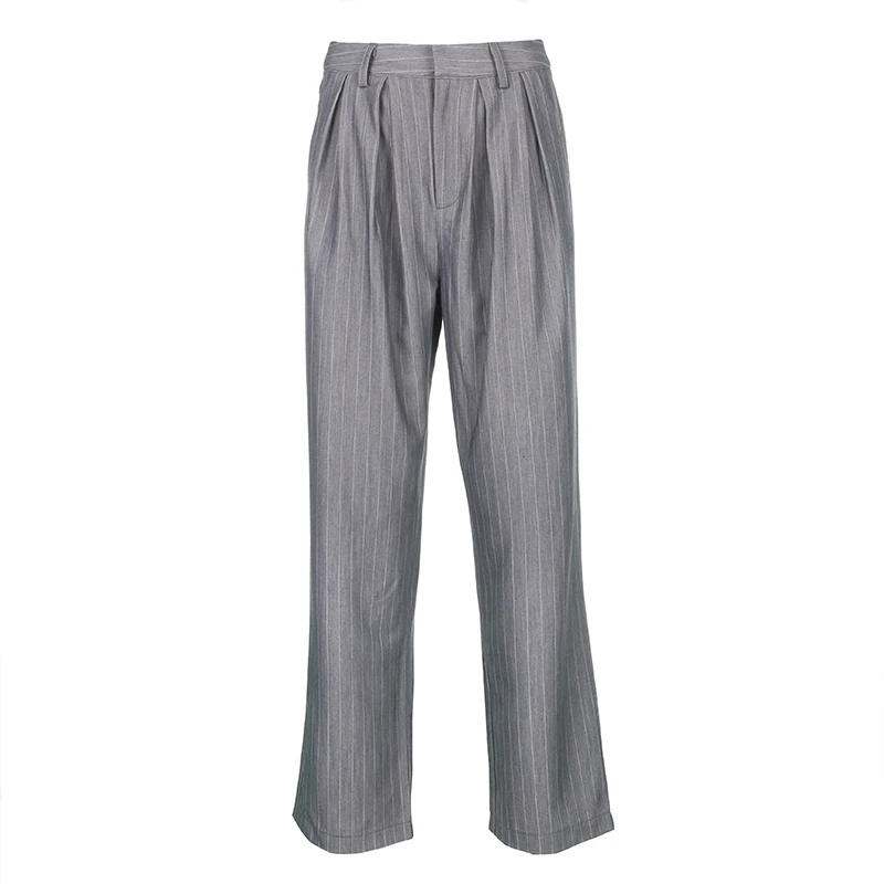 

2021 Streetwear Straight Trousers High Waist gray Striped Pants Suit Pants Women harajuku Loose Pants Pockets KZ639