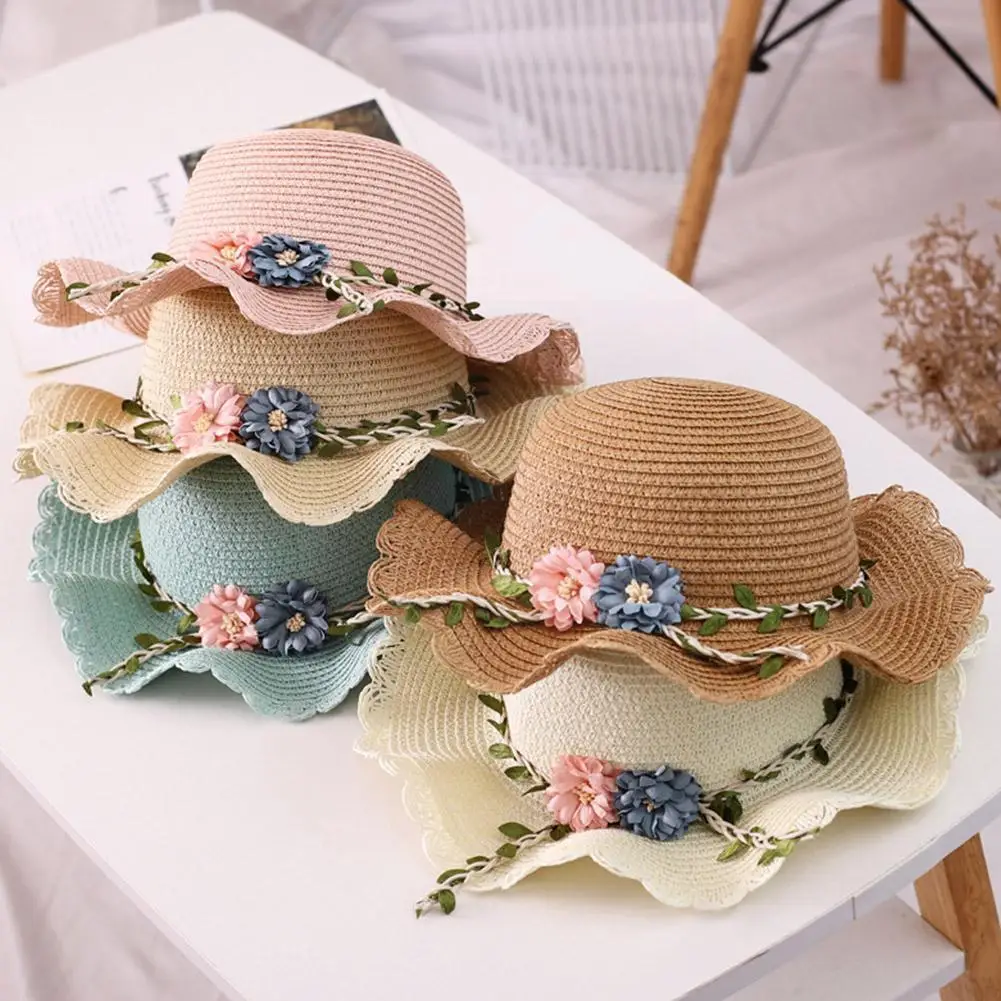 

Child Summer New Straw Hat 52-54cm Female Baby Girls 2021 Beach Pot Flower Matching Hat Hat Beach Sun Bag Shade Hat Hot Kor J4F3