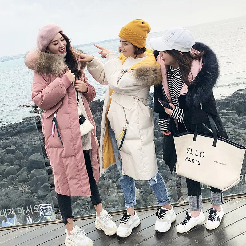 Пуховик женский зимний с натуральным мехом свободная теплая длинная пуховая