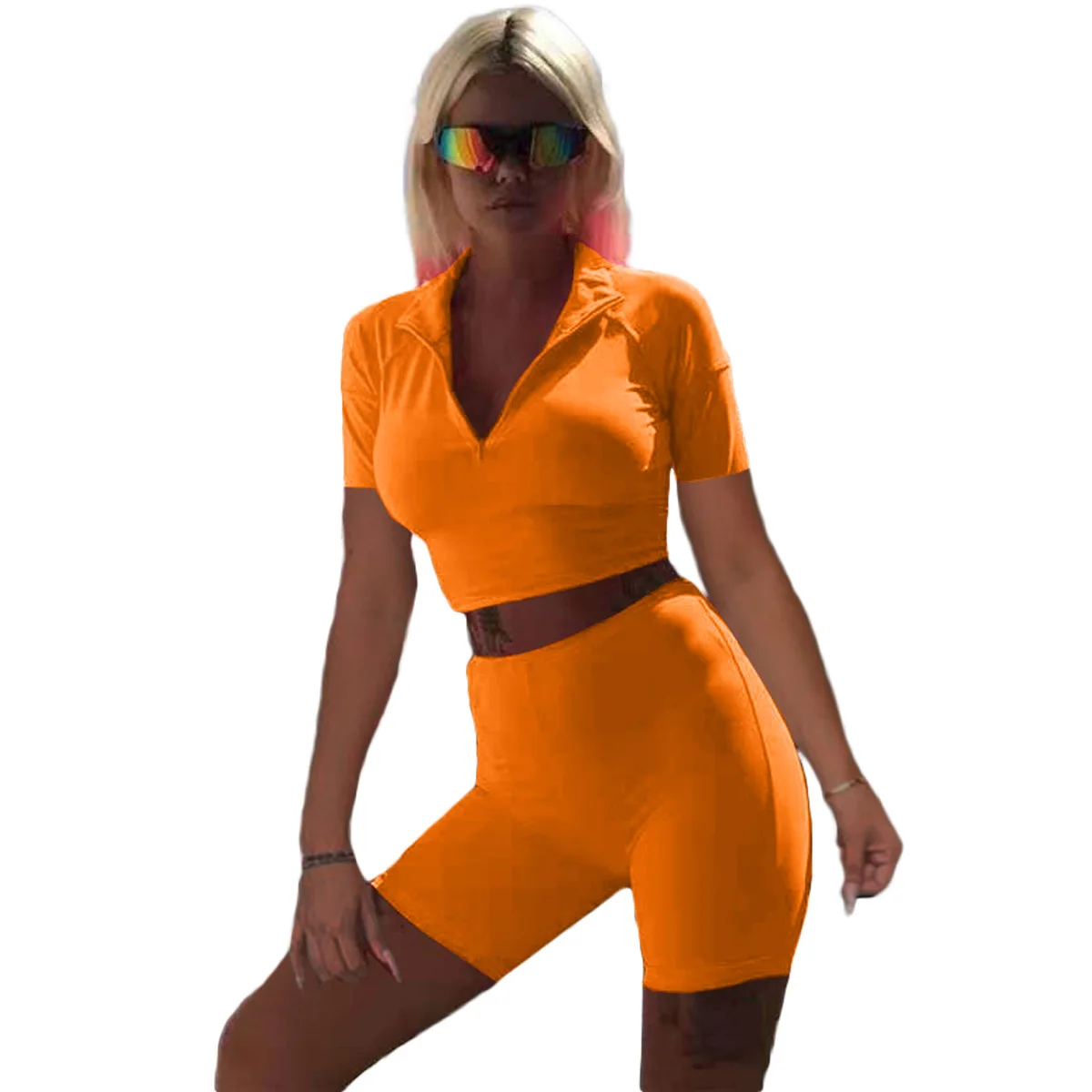

Adogirl Casual Women Biker Two Piece Set Turn Down Collar Solid Jogger And Shorts Tracksuit 2021 Summer Clothes For Wome Outfits