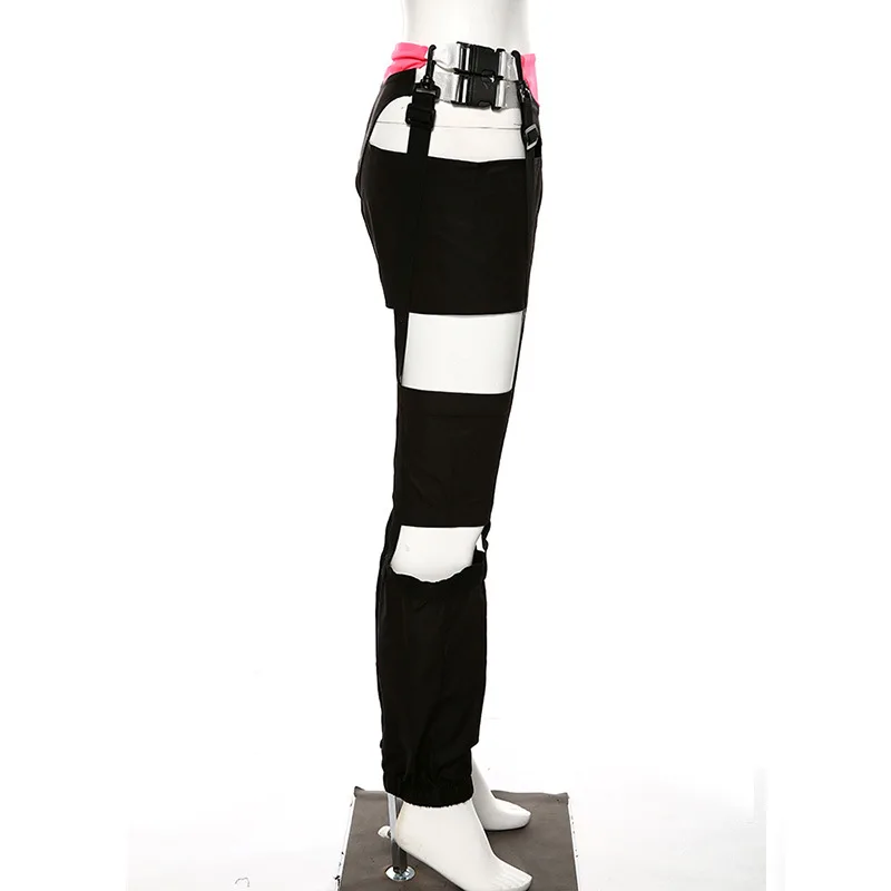 Женские брюки-карго Харадзюку с вырезами, лоскутные брюки Pantalones Mujer, уличная одежда для бега, хиппи с подвязками