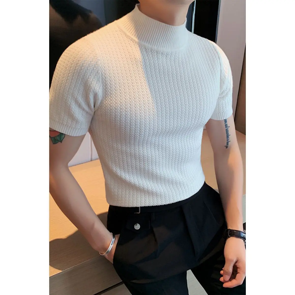 

2021 Spring and Autumn Men's Short Sleeve Fashion Solid Color Sweater Half Turtleneck Korean Wave Casual Pullover