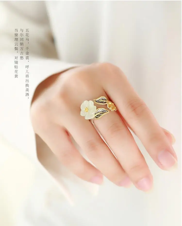 White Hetian Jade Flower Ring 925 Silver Charm Natural Gifts Gemstone Women Crystal Jewelry Amulet  Women images - 6