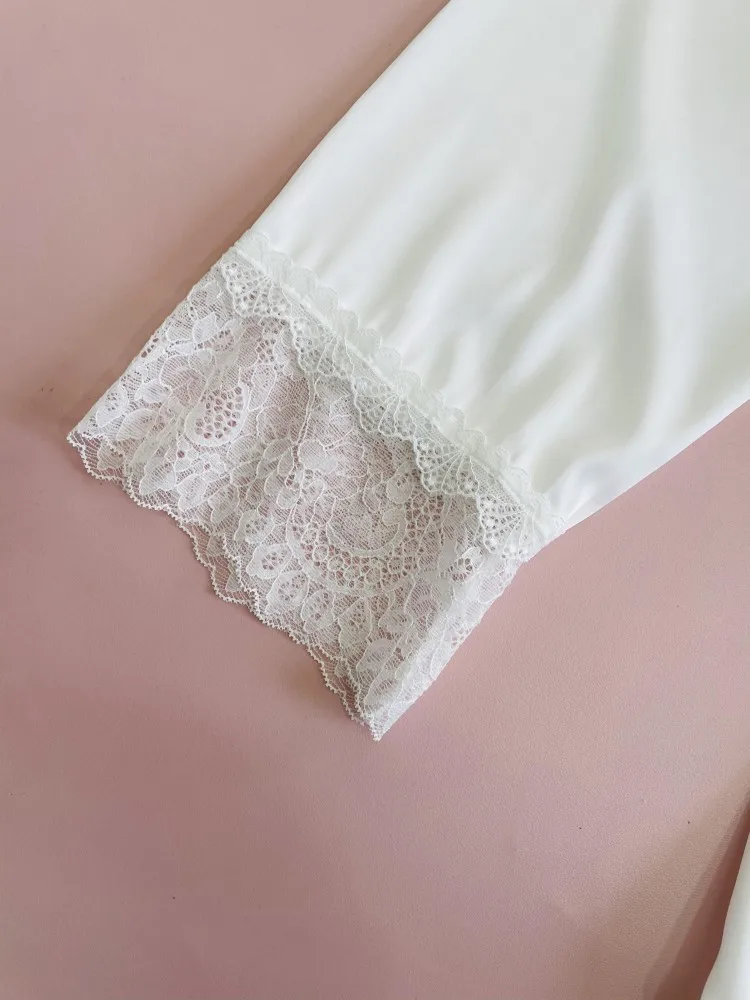 

Lady Summer Thin Satin Sleepwear Casual Loose Kimono Bathrobe Gown 4PCS Pajamas Set Sexy Lace Trim Nightwear V-neck Home Wear