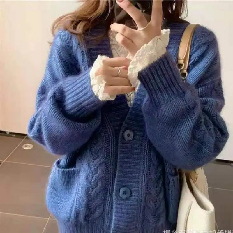 

Женский винтажный вязаный кардиган, свободный свитер с V-образным вырезом, в стиле ретро, в Корейском стиле, Осень-зима