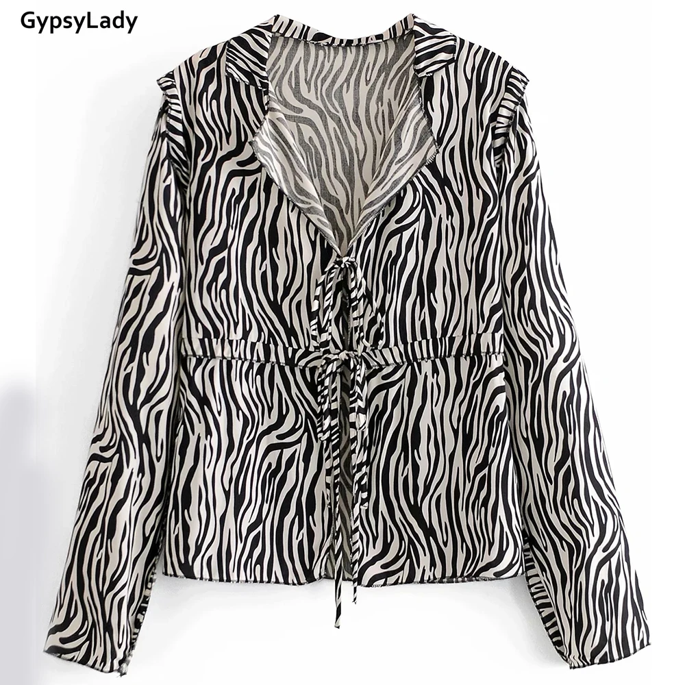

GypsyLady Animal Zebra Print Blouse Shirt Spring Autumn Casual Women Blouse Shirt V-neck Lace Tie Up Long Sleeve Women Top 2021