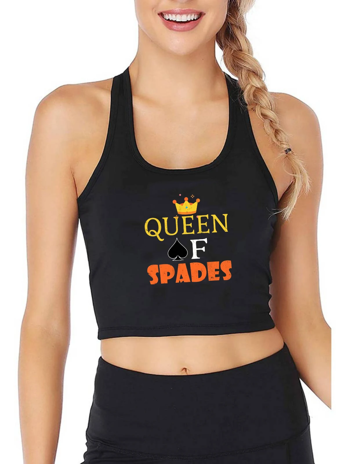 

Queen Of Spades Print Tank Top Hotwife Mistress Wife Sharing Bbc Print Yoga Sports Workout Crop Top Gym Tops