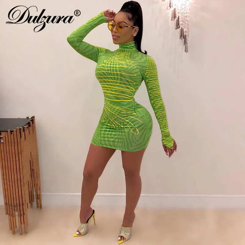 Dulzura zebra print women mini dress long sleeve bodycon sexy streetwear 2019 autumn winter party clothes clubwear outfit neon | Женская