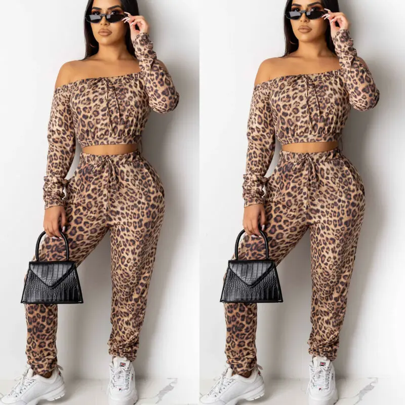 Лидер продаж 2 шт. женский леопардовый спортивный костюм на шнуровке с длинными