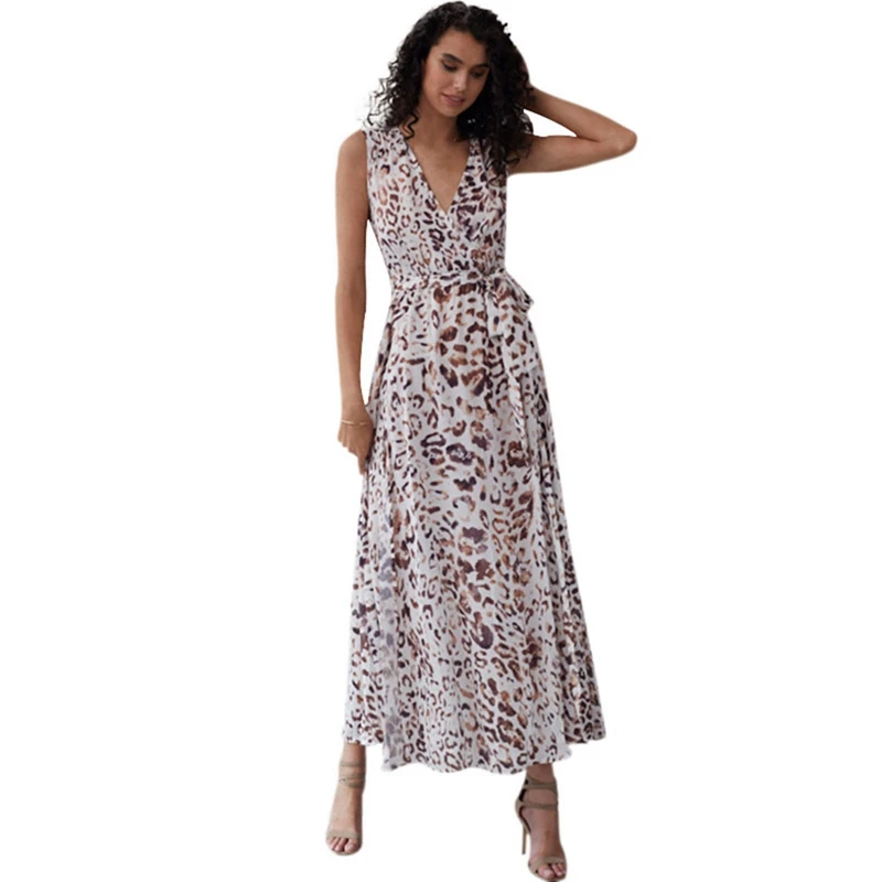 

Sleeveless Leopard Pattern Printed Summer Dress Sexy Slit Long Boho Dress Maxi Dress Soft Beach Dress