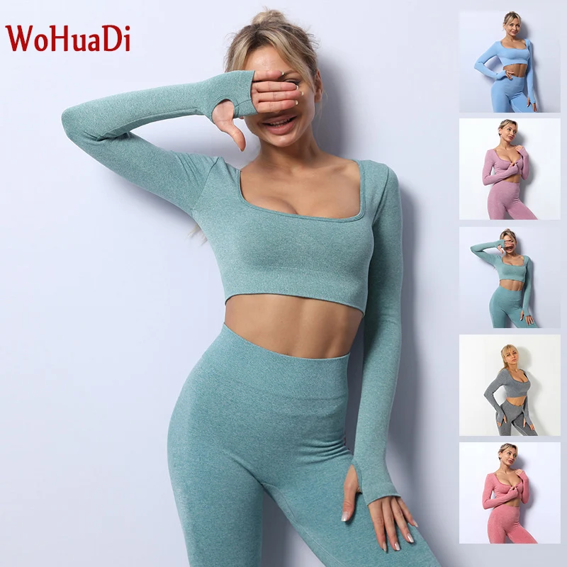 

WOHUADI Seamless Long Sleeve T-Shirt Gym Sports Yoga Clothing Women Sexy Crop Top Sportswear Workout Fitness Clothes Tight Red