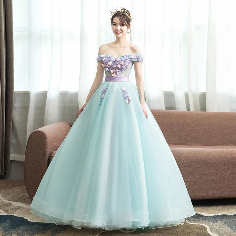Светло голубые Длинные Пышные Платья с объемными цветами бальное платье для