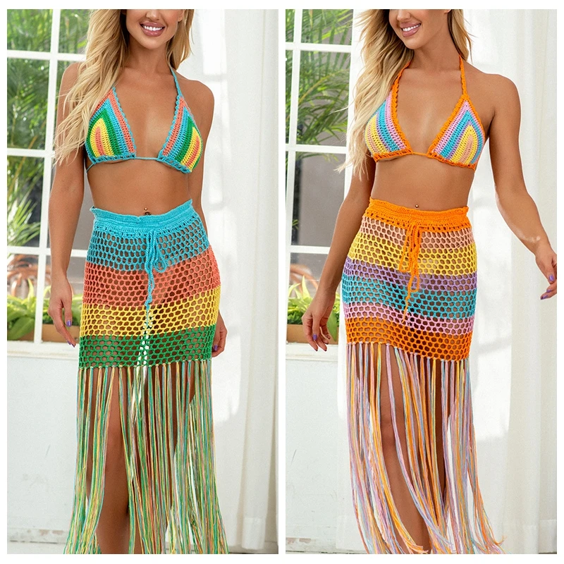 

2020 New colorful crochet 2PCS/SET beach dress sexy women bra top+ hollow out long tassel skirt bikini swimwear cover up
