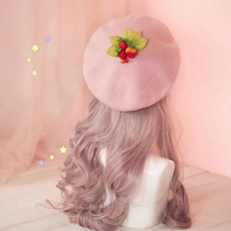 Sweet Strawberry Red Woolen Painter Hat Japanese Style Sweet Lovely Warm Shopping Flat Cap Small Fresh Cute Bear