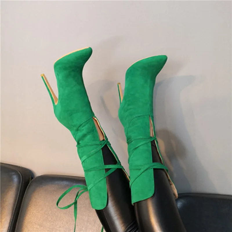 Jual Nyata Wanita Hijau Suede Cross Lace-Up Boots Landasan Pacu Fashion Stiletto Tumit Menunjuk Toe Cut-Out Mid-betis Gaun Boots Sepatu