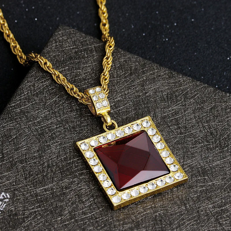 Мужское ожерелье в стиле хип хоп со льдом квадратное с кулоном из Красного камня