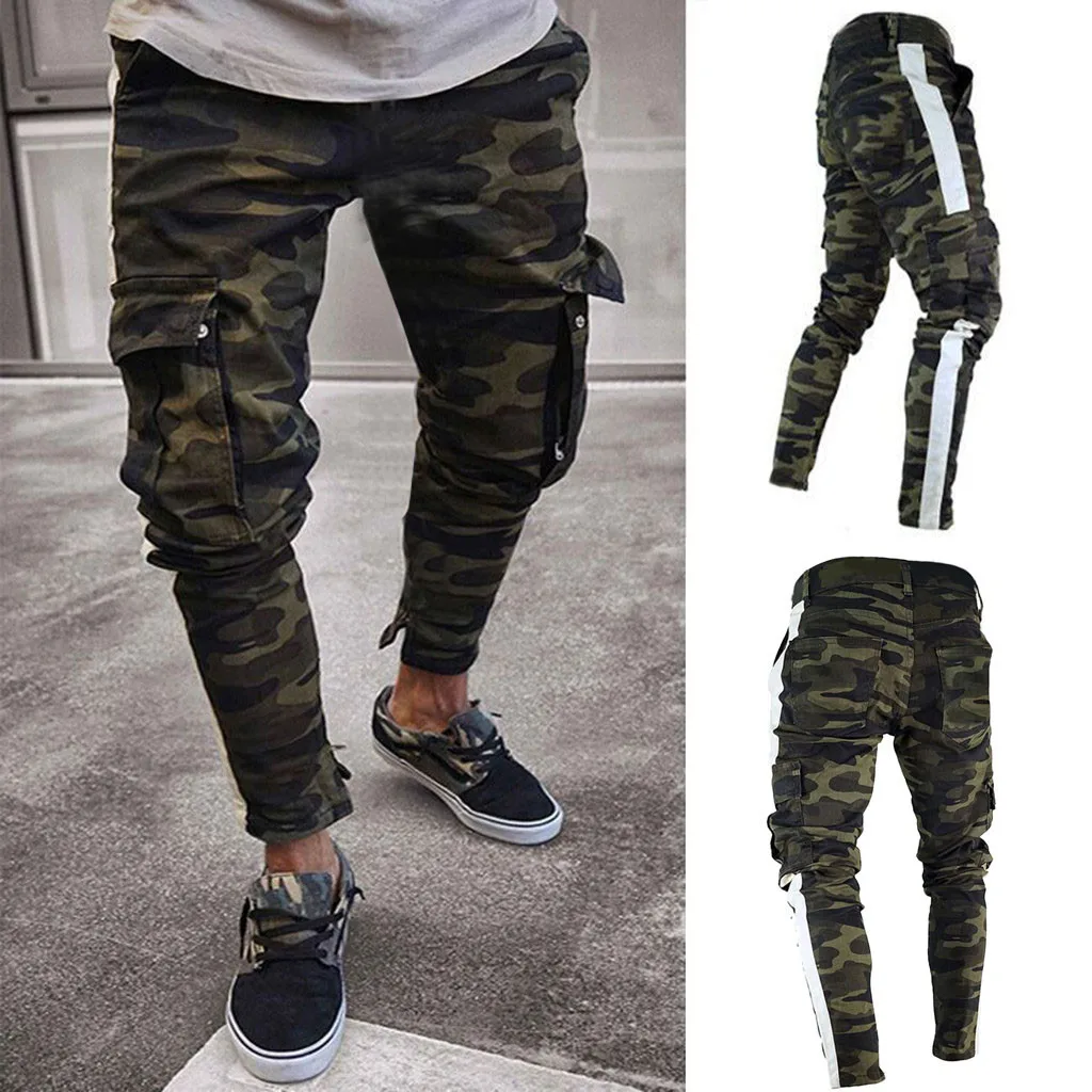 

Mens Skinny Stretch Pencil Denim Pants Camouflage Pleated Slim Fit Jean Trousers Side Stripe Cargo Jeansy Male Clothing Hot Sale