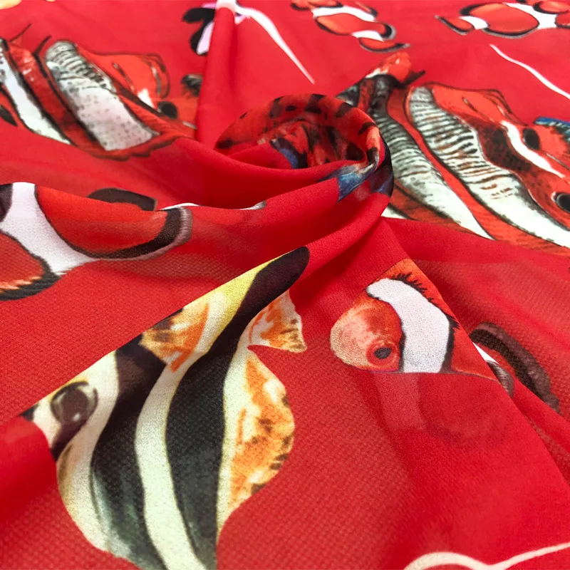 145cm Width Fashion Tropical Fish Red Imitate Cotton Or Thin Chifon Fabric for Woman Girl Summer Dress Blouse Pants DIY Sewing | Дом и сад