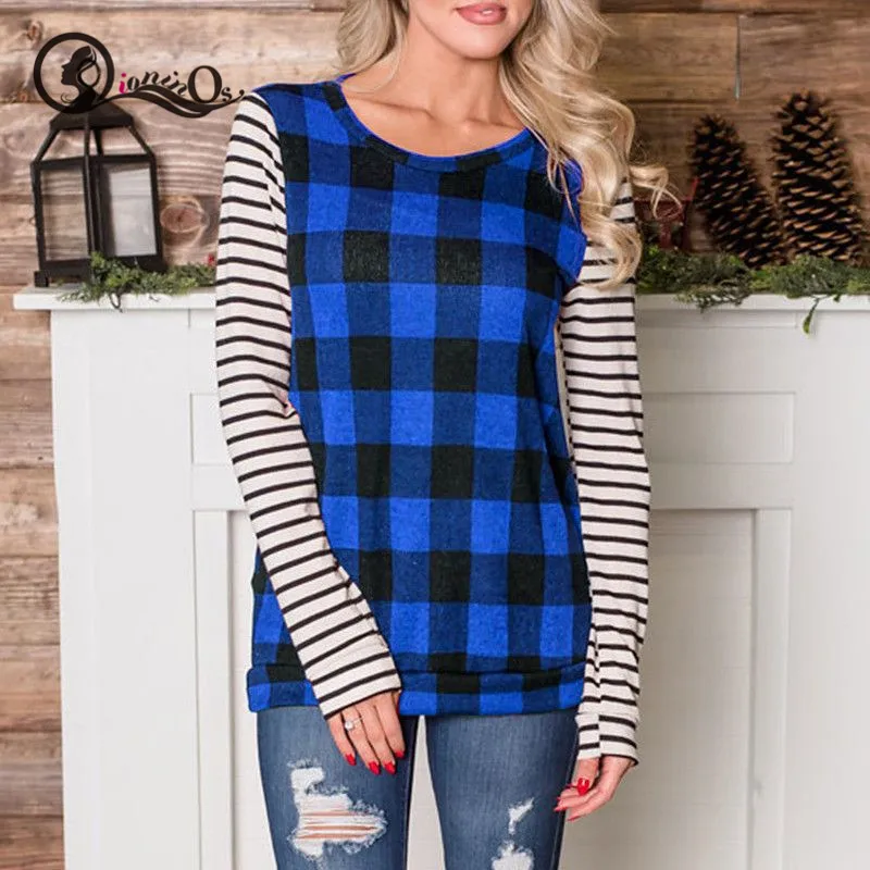 

Women Tops New Fashion Loose Casual Round Collar Pullovers Long Sleeves Plaid Pattern Stripes Stitching T-shirt Tops