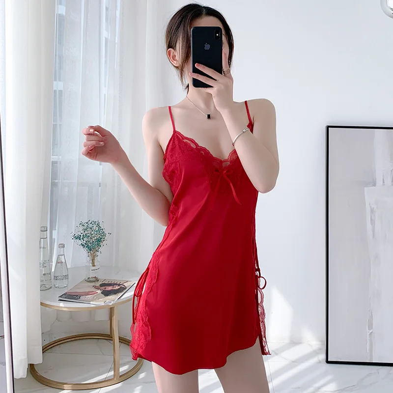 

Red Sexy V-Neck Side Splite Nightdress Women Spaghetti Strap Nightgown Lace Trim Home Dress Rayon Sleepwear Temptation Lingerie