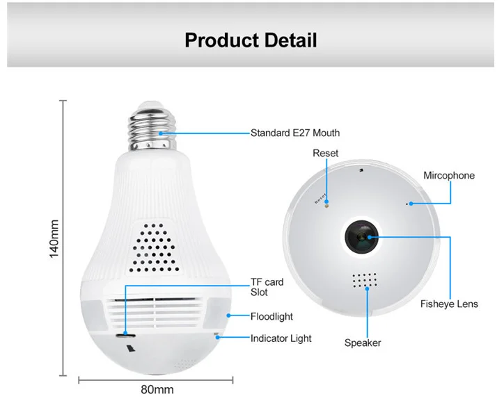 Панорамная видеокамера с углом обзора 360 градусов Wifi IP светильник лампа камера