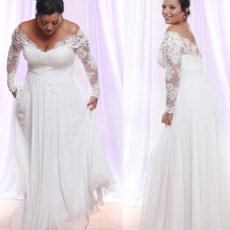 

Long Sleeves Plus Size Wedding Dresses Modest V-neck Applique Beach country Wedding Gowns Off The Shoulder Bridal Gowns Vestido