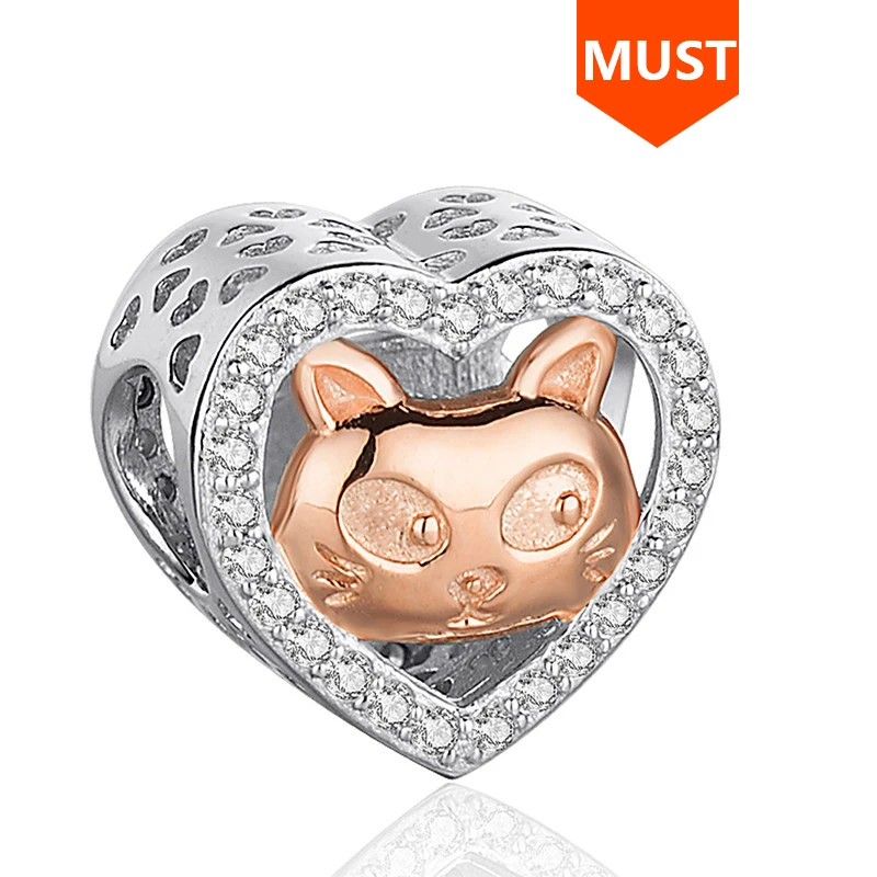 SG 925 Серебро Любовь Сердце розовое золото цвет бусины кошка Амулеты с CZ Fit