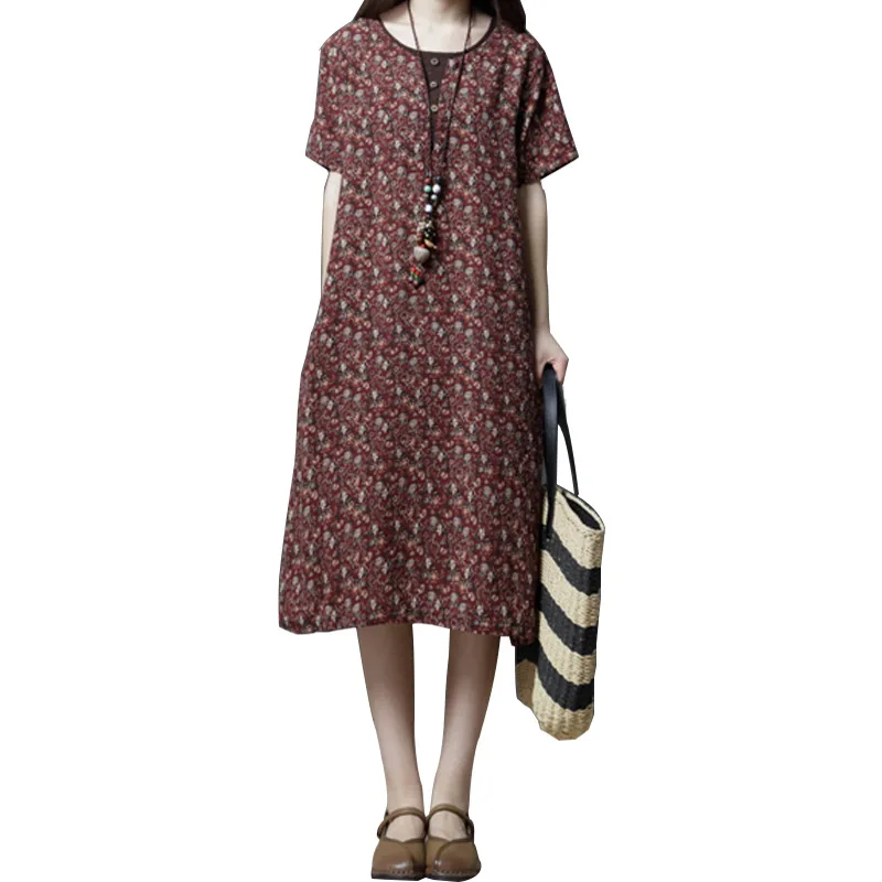 

Large women's loose cotton linen floral medium length short sleeve dress