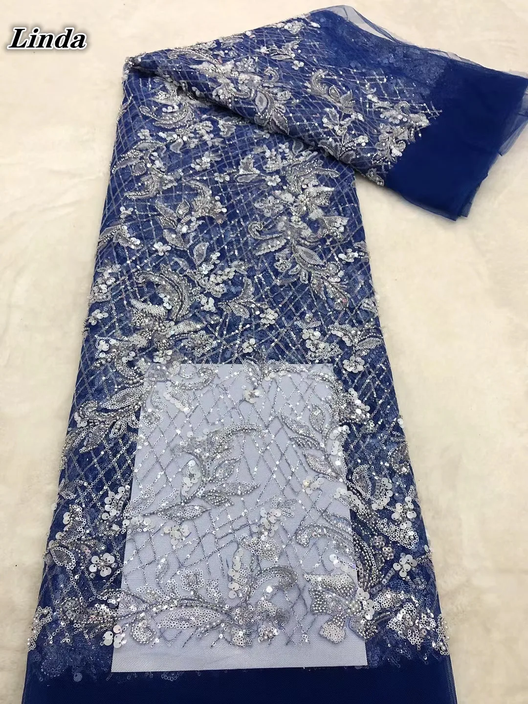 

Linda French Sequins Lace Fabrics Tulle 2021 High Quality Bule Handmade Beads Latest African Laces For Wedding Dress