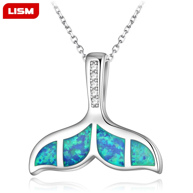 

High Quality Copper Crystal Blue Opal Ocean Sea Mermaid Whale Tail Pendant Necklace For Women Animal Beach Summer Jewelry Gift