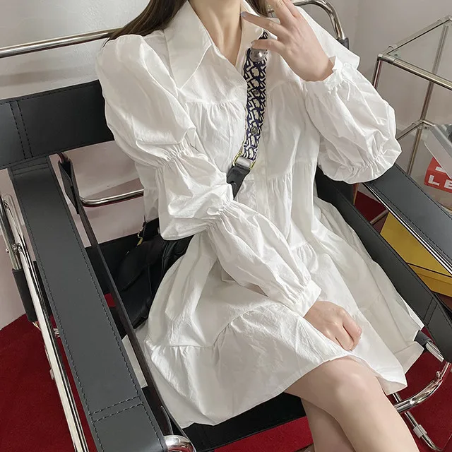 

Turn Down Collar Puff Long Sleeve Dress Women High Waist Hip A Line Slim Vestidos Simple Draped Design Solid Robe Spring