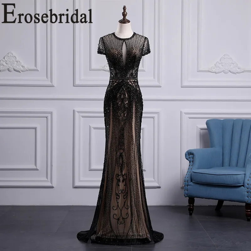 Erosebridal Черное вечернее платье для женщин со шлейфом роскошное расшитое бисером