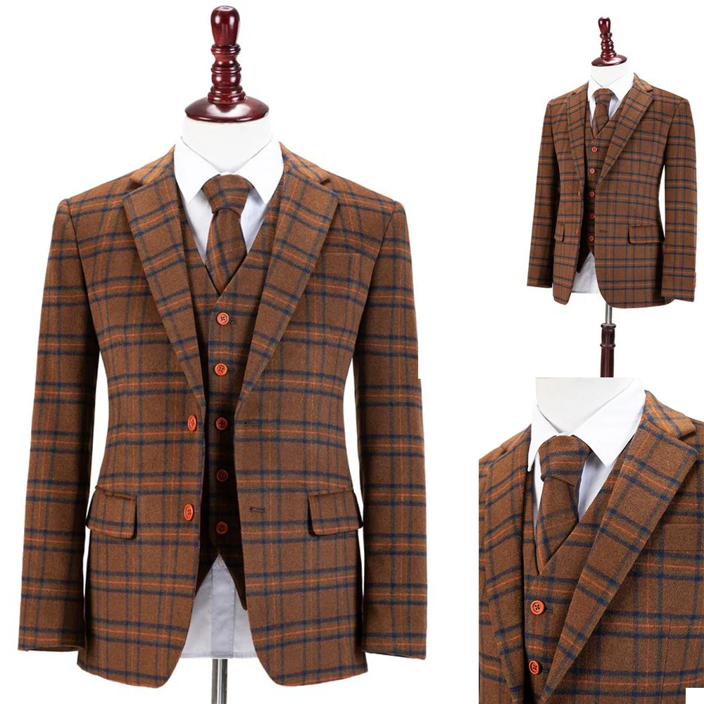 

3 Pieces Men Suite Costume Homme Plaid Vintage Single Breasted Formal Business Wedding Groom Causal Prom