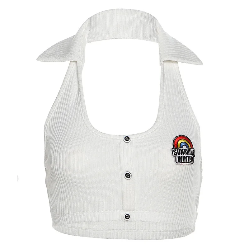 

White Casual Tops Cute Women Sleeveless Backless Vest Slim Rainbow Streetwear Summer Sexy Halter Crop Top Female
