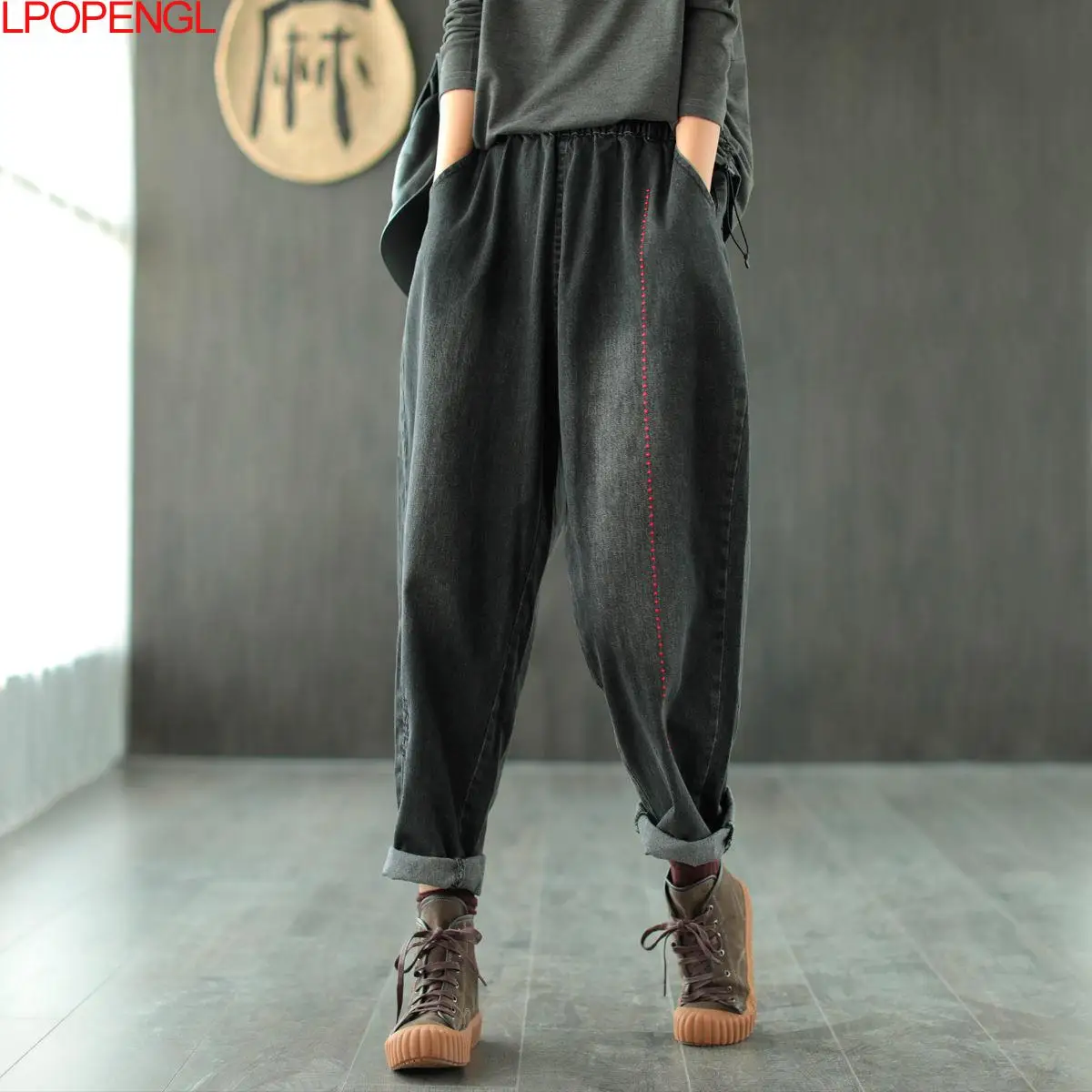 Ladies Spring Autumn Vintage Harem Jeans 2021 New Casual Fashion High Waist Embroidered Trousers Casual Style M-xxl