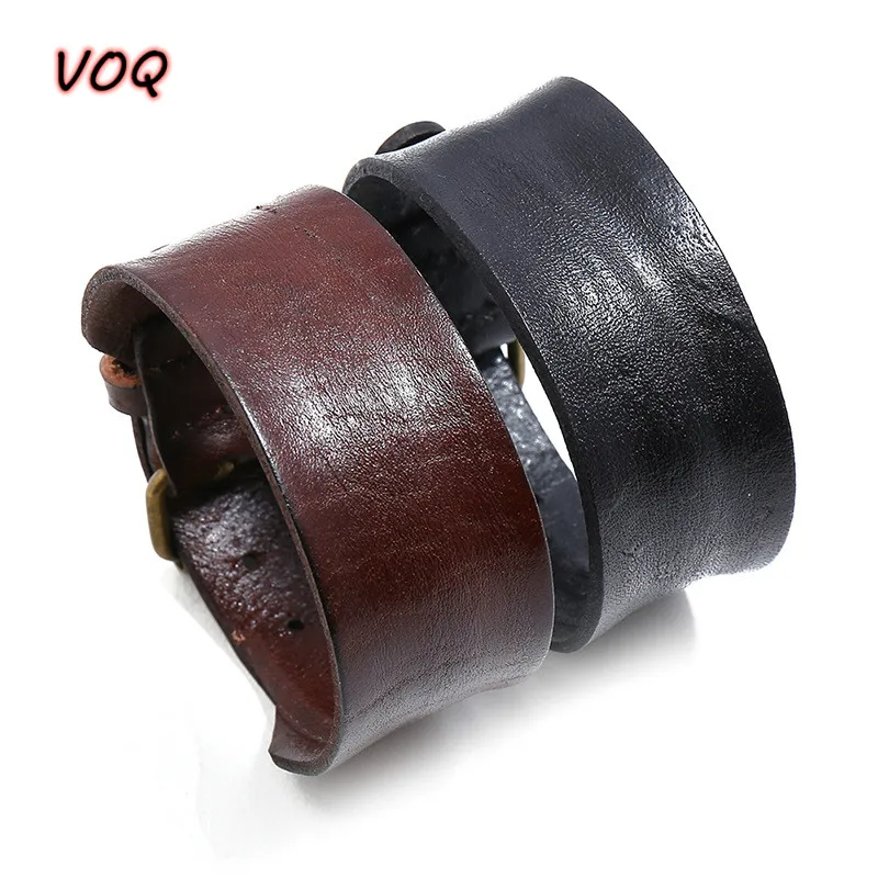 

VOQ Vintage Single Layer Cowhide Leather Wide Wristband Adjustable Cuff Bangles for Men Women Friendship Bracelets pulseras