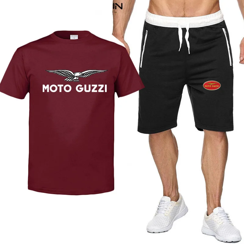 

2021 Summer Men's Brand Moto Guzzi Logo T-Shirt Set 2-Piece Sportswear Sports Fitness Printed Short Sleeve + Shorts Suit