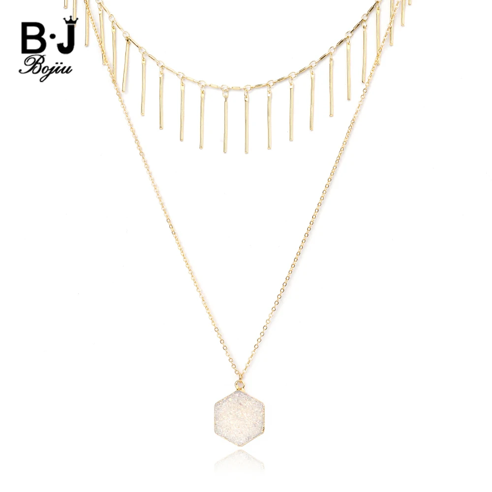 BOJIU 2 слоя ожерелья с подвеской из натурального камня для женщин кварцевые Druzy