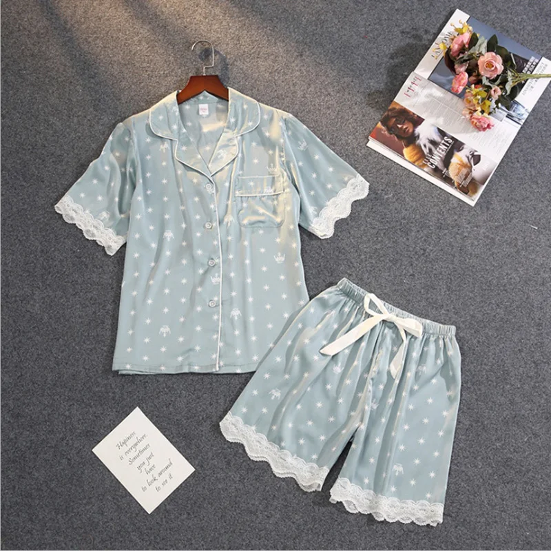 

Srping New Crown Print Women Pyjamas Lace Sweet Short Sleeve Suit Pajamas Summer Satin Chiffon Soft Touch Sleepwear