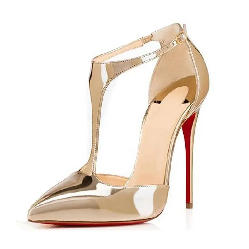 

Sandals High Thin Heels Buckle Strap Sandal Lady Shoes Pointed Toe Golden Sandalias For Women Party Pumps T-strap