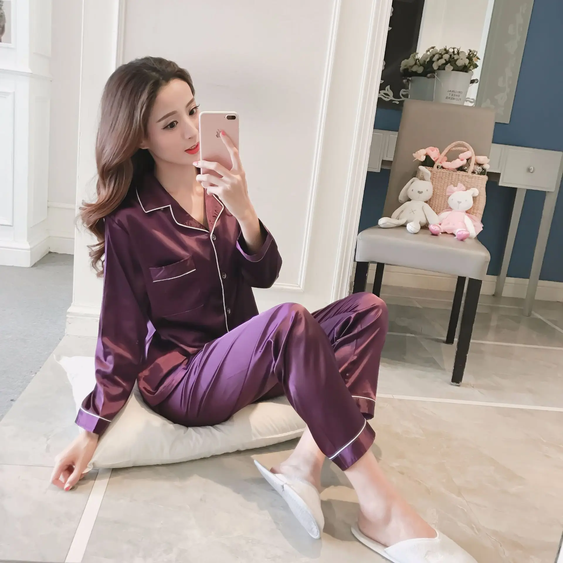 

Silk Satin Pajamas for Womens Pyjamas Set Long Sleeve Sleepwear Women Set Pajamas Suit Female Two Piece Set Loungewear Plus Size